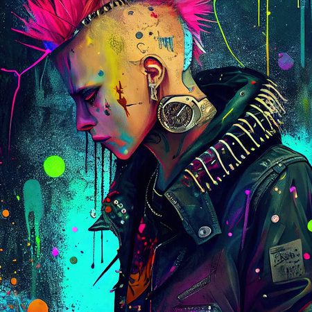 A fictional person, not based on a real person. Portrait of a punk with colored hair. Rock metal musician. Hipster man with punk hair. The concept of a rock musician. 3d renderingの素材