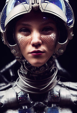 A fictional person, not based on a real person. Portrait of an fictional astronaut in a spacesuit. High-tech astronaut from the future. The concept of space travel. 3D renderingの素材