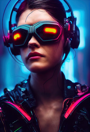 A fictional person, not based on a real person. Portrait of a sci-fi cyberpunk girl. High-tech futuristic woman from the future. The concept of virtual reality and cyberpunk. 3D render.の素材