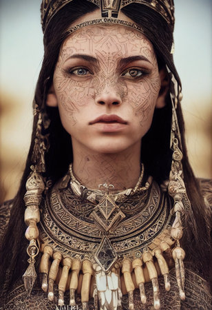 A fictional person, not based on a real person. Portrait of a beautiful priestess. Image of an ancient princess. 3D renderingの素材