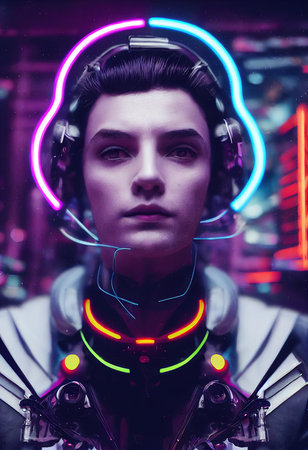 A fictional person, not based on a real person. Portrait of a sci-fi cyberpunk man. High-tech futuristic man from the future. The concept of virtual reality and cyberpunk. 3D render.の素材