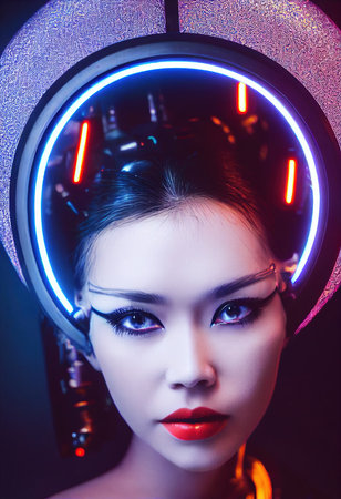A fictional person, not based on a real person. Portrait of a sci-fi cyberpunk girl. High-tech futuristic woman from the future. The concept of virtual reality and cyberpunk. 3D render.の素材