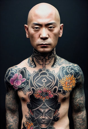 A fictional person, not based on a real person. Male model of a Yakuza man with a tattoo on his face and skull. 3D render.の素材