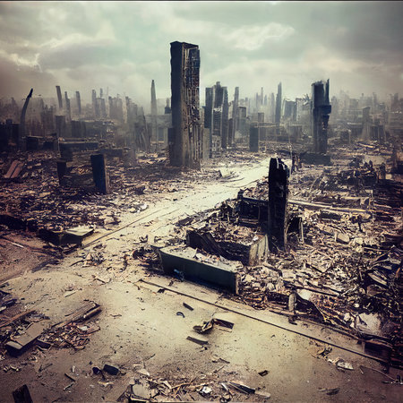 A post-apocalyptic ruined city. Destroyed buildings, destroyed roads, blown up skyscrapers. The concept of the apocalypse. 3d renderingの素材