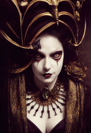A fictional person, not based on a real person. Mystical creepy woman with frightening makeup. Gothic mystery woman. 3D renderingの素材