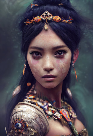 A fictional person, not based on a real person. Portrait of an Aztec girl in bright colors. Aztec girl in traditional Aztec clothing. 3D render.の素材