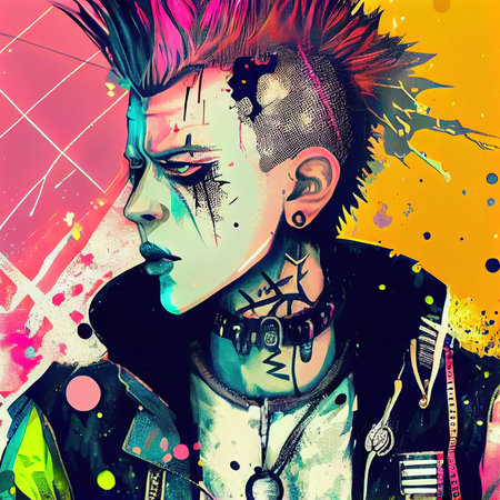 A fictional person, not based on a real person. Portrait of a punk with colored hair. Rock metal musician. Hipster man with punk hair. The concept of a rock musician. 3d renderingの素材