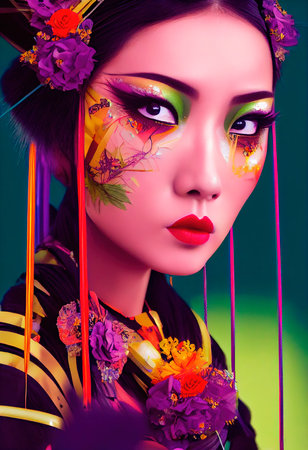 A fictional person, not based on a real person. Abstract portrait of a beautiful fictional asian girl. Fashionable cute woman. Creative beautiful girl. 3d renderingの素材