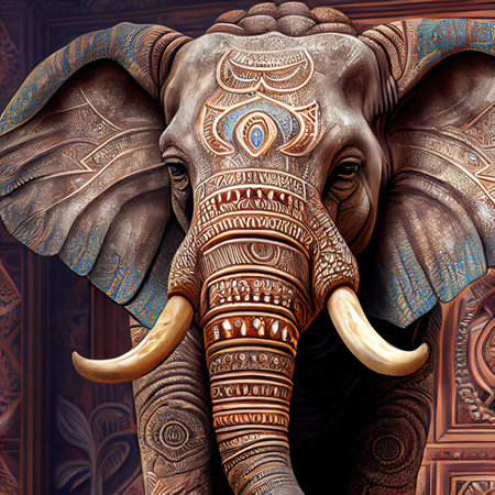 Decorated Indian elephant. Beautiful Elephant in tattoos and drawings. 3D renderingの素材