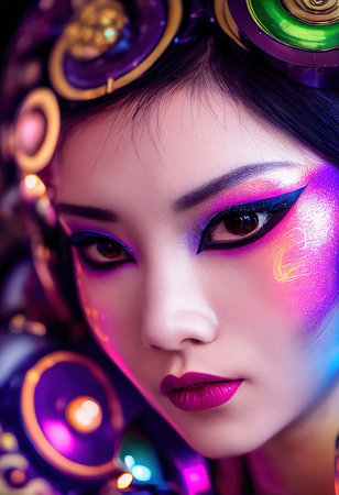 A fictional person, not based on a real person. Portrait of a sci-fi cyberpunk girl. High-tech futuristic woman from the future. The concept of virtual reality and cyberpunk. 3D render.の素材