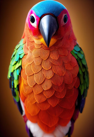 Close-up portrait of an amazing colorful green-and-orange parrot. 3D rendering.の素材