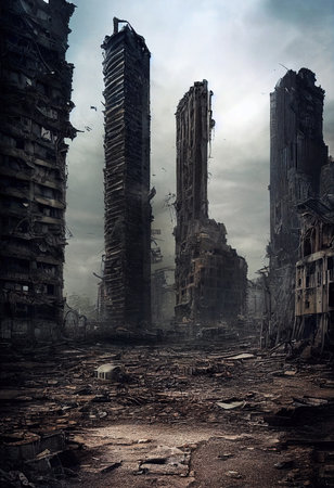A post-apocalyptic ruined city. Destroyed buildings, destroyed roads, blown up skyscrapers. The concept of the apocalypse. 3d renderingの素材