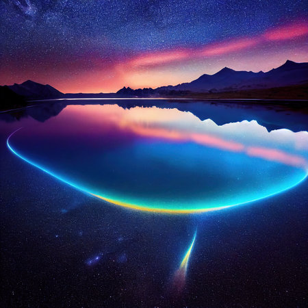 Beautiful ancient lake at night with bright galaxies reflecting in the water. 3D rendering.の素材