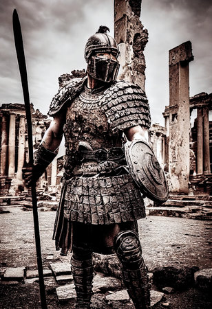 A fictional person, not based on a real person. Portrait of an ancient male warrior in ancient warrior armor. The concept of an ancient brave warrior. 3D render.の素材