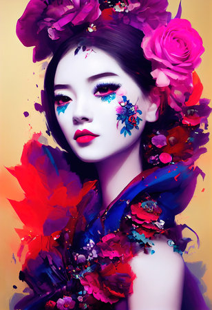 A fictional person, not based on a real person. Abstract portrait of a beautiful fictional asian girl. Fashionable cute woman. Creative beautiful girl. 3d renderingの素材