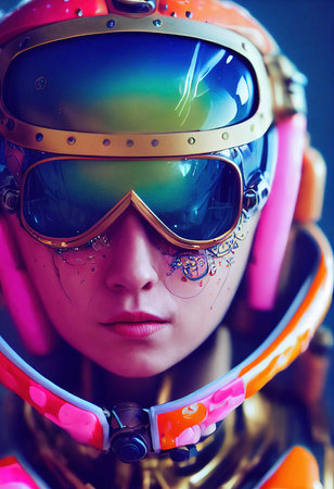 A fictional person, not based on a real person. Abstract portrait of a fantasy astronaut. High-tech futuristic man. Concept of virtual reality and steampunk. 3D rendering.の素材