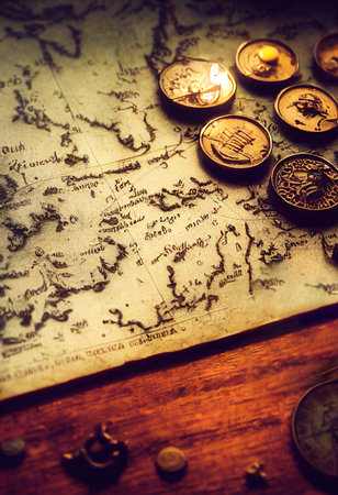 An ancient pirate map in the cabin of a pirate ship. Image of an ancient ancient pirate map. An ancient paper pirate scroll. 3d renderingの素材