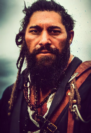 Portrait of a brave pirate on the background of the sea. A pirate in traditional pirate clothing. 3d renderingの素材