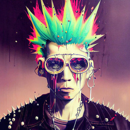 A fictional person, not based on a real person. Portrait of a punk with colored hair. Rock metal musician. Hipster man with punk hair. The concept of a rock musician. 3d renderingの素材