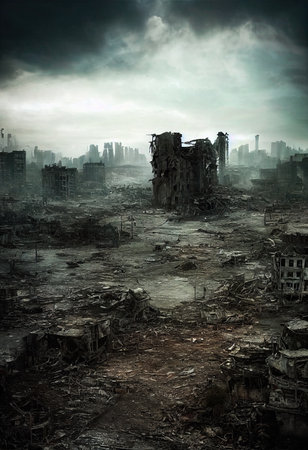 A post-apocalyptic ruined city. Destroyed buildings, destroyed roads, blown up skyscrapers. The concept of the apocalypse. 3d renderingの素材