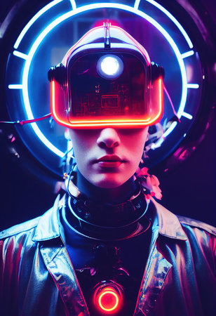 A fictional person, not based on a real person. Portrait of a sci-fi cyberpunk man. High-tech futuristic man from the future. The concept of virtual reality and cyberpunk. 3D render.の素材