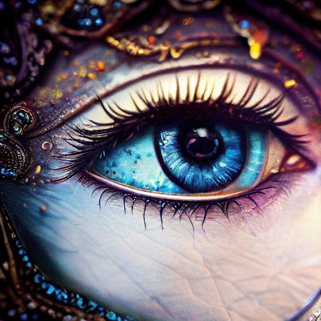 Fantasy eye with beautiful makeup close-up. The eye of a fashionable woman with bright colors. 3D rendering.の素材