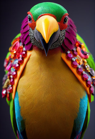 Close-up portrait of an amazing colorful red-and-yellow parrot. 3D rendering.の素材
