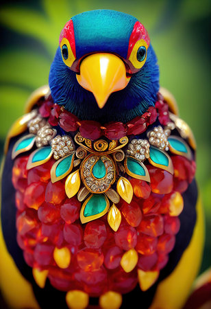Close-up portrait of an amazing colorful red-and-yellow parrot. 3D rendering.の素材