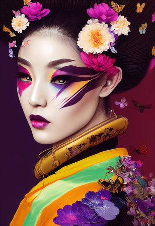 A fictional person, not based on a real person. Portrait of a sci-fi cyberpunk girl. High-tech futuristic woman from the future. The concept of virtual reality and cyberpunk. 3D render.の素材