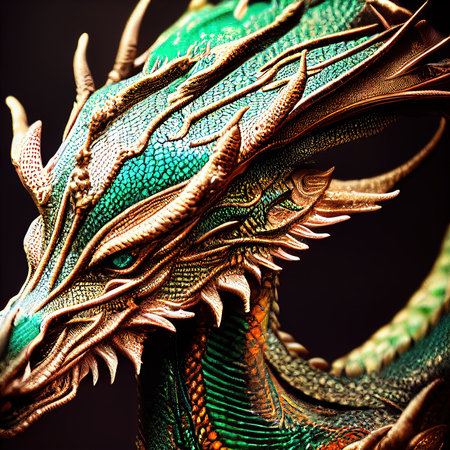 Portrait of a beautiful formidable legendary dragon. Image of an ancient dragon. 3d renderingの素材