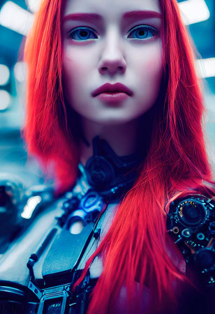 A fictional person, not based on a real person. Portrait of a sci-fi cyberpunk girl. High-tech futuristic woman from the future. The concept of virtual reality and cyberpunk. 3D render.の素材