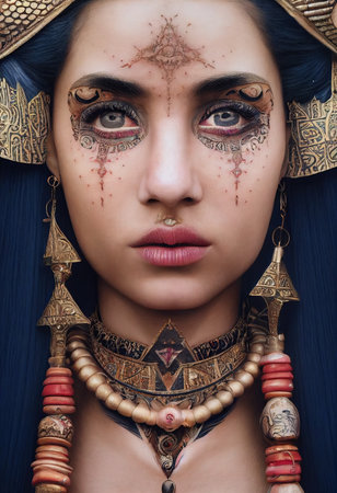 A fictional person, not based on a real person. Portrait of a beautiful priestess. Image of an ancient princess. 3D renderingの素材