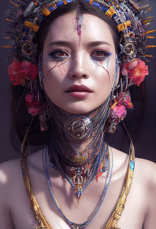 A fictional person, not based on a real person. Portrait of an Aztec girl in bright colors. Aztec girl in traditional Aztec clothing. 3D render.の素材