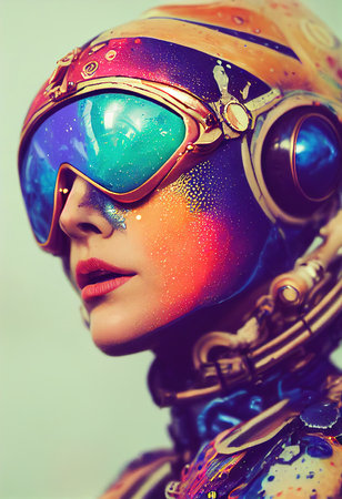 A fictional person, not based on a real person. Abstract portrait of a fantasy astronaut. High-tech futuristic man. Concept of virtual reality and steampunk. 3D rendering.の素材