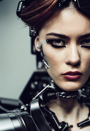 A fictional person, not based on a real person. Portrait of a sci-fi cyberpunk girl. High-tech futuristic woman from the future. The concept of virtual reality and cyberpunk. 3D render.の素材