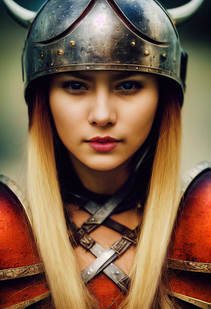 A fictional person, not based on a real person. Portrait of an ancient female warrior in ancient warrior armor. The concept of an ancient brave warrior. 3D render.の素材