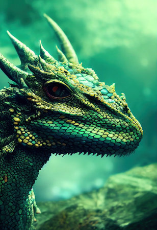 Portrait of a beautiful formidable legendary dragon. Image of an ancient dragon. 3d renderingの素材