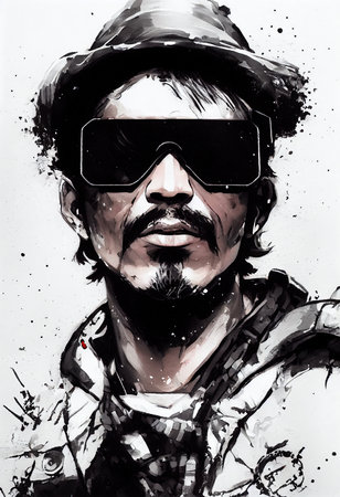 A fictional person, not based on a real person. Close-up portrait of a brutal man wearing a hat and fancy sunglasses. The concept of Courage and Brutality. 3D rendering.の素材