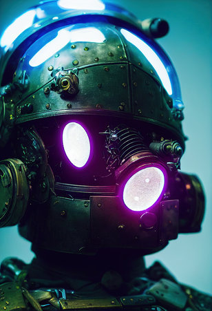 A fictional person, not based on a real person. Portrait of a sci-fi cyberpunk warrior. High-tech futuristic man from the future. The concept of virtual reality and cyberpunk. 3D render.の素材