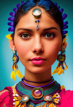 A fictional person, not based on a real person. Abstract portrait of a beautiful fictional girl. Fashionable cute woman. Creative beautiful girl. 3d renderingの素材