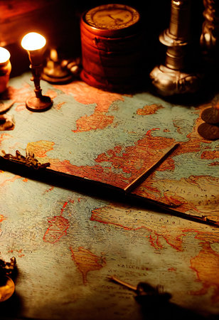 An ancient pirate map in the cabin of a pirate ship. Image of an ancient ancient pirate map. An ancient paper pirate scroll. 3d renderingの素材