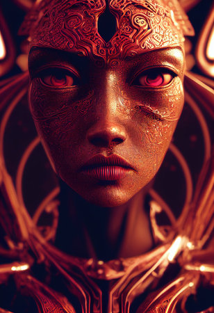 A fictional person, not based on a real person. Portrait of a sci-fi cyberpunk warrior. High-tech futuristic man from the future. The concept of virtual reality and cyberpunk. 3D render.の素材