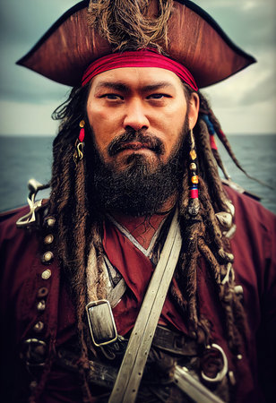 Portrait of a brave pirate on the background of the sea. A pirate in traditional pirate clothing. 3d renderingの素材