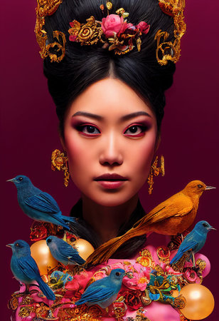 A fictional person, not based on a real person. Abstract portrait of a beautiful fictional asian girl. Fashionable cute woman. Creative beautiful girl. 3d renderingの素材