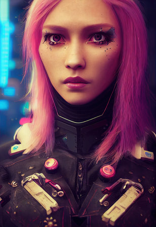 A fictional person, not based on a real person. Portrait of a sci-fi cyberpunk girl. High-tech futuristic woman from the future. The concept of virtual reality and cyberpunk. 3D render.の素材