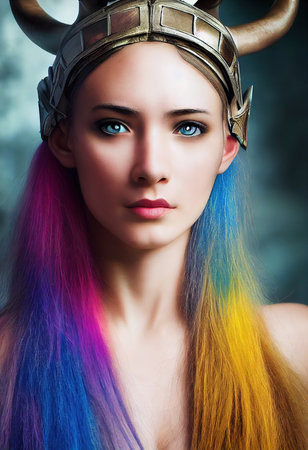 A fictional person, not based on a real person. Portrait of an ancient female warrior in ancient warrior armor. The concept of an ancient brave warrior. 3D render.の素材