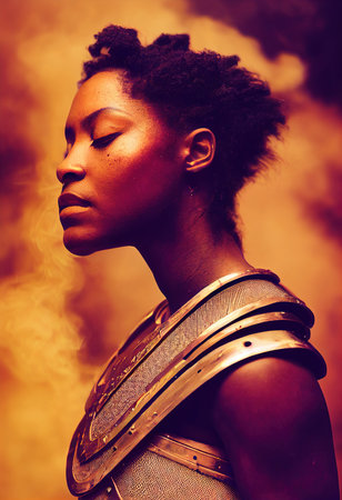 A fictional person, not based on a real person. Portrait of an ancient female warrior in ancient warrior armor. The concept of an ancient brave warrior. 3D render.の素材