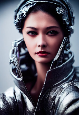 A fictional person, not based on a real person. Portrait of a sci-fi cyberpunk girl. High-tech futuristic woman from the future. The concept of virtual reality and cyberpunk. 3D render.の素材