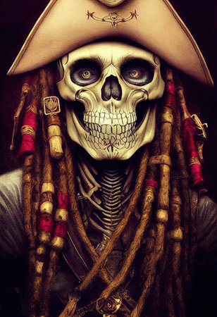 Mystical creepy pirate skeleton. Scary skull in ancient pirate clothing. 3D renderingの素材