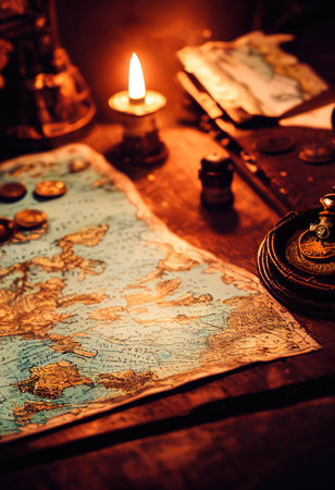 An ancient pirate map in the cabin of a pirate ship. Image of an ancient ancient pirate map. An ancient paper pirate scroll. 3d renderingの素材